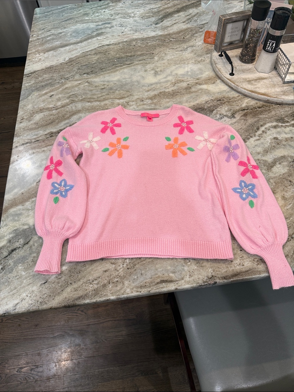 Lilly Pulitzer Pink Crewneck Sweater with Multicolor Floral Embroidery
